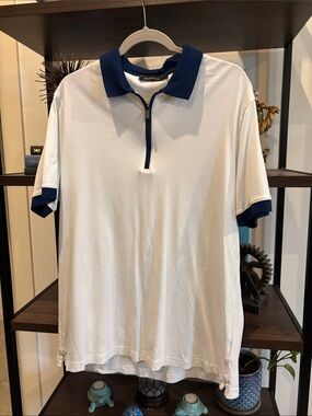 Bugatchi White Polo with Navy Zip Collar and Trim